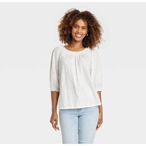 Knox Rose Bishop 3/4 Sleeve Smocked Top White XL